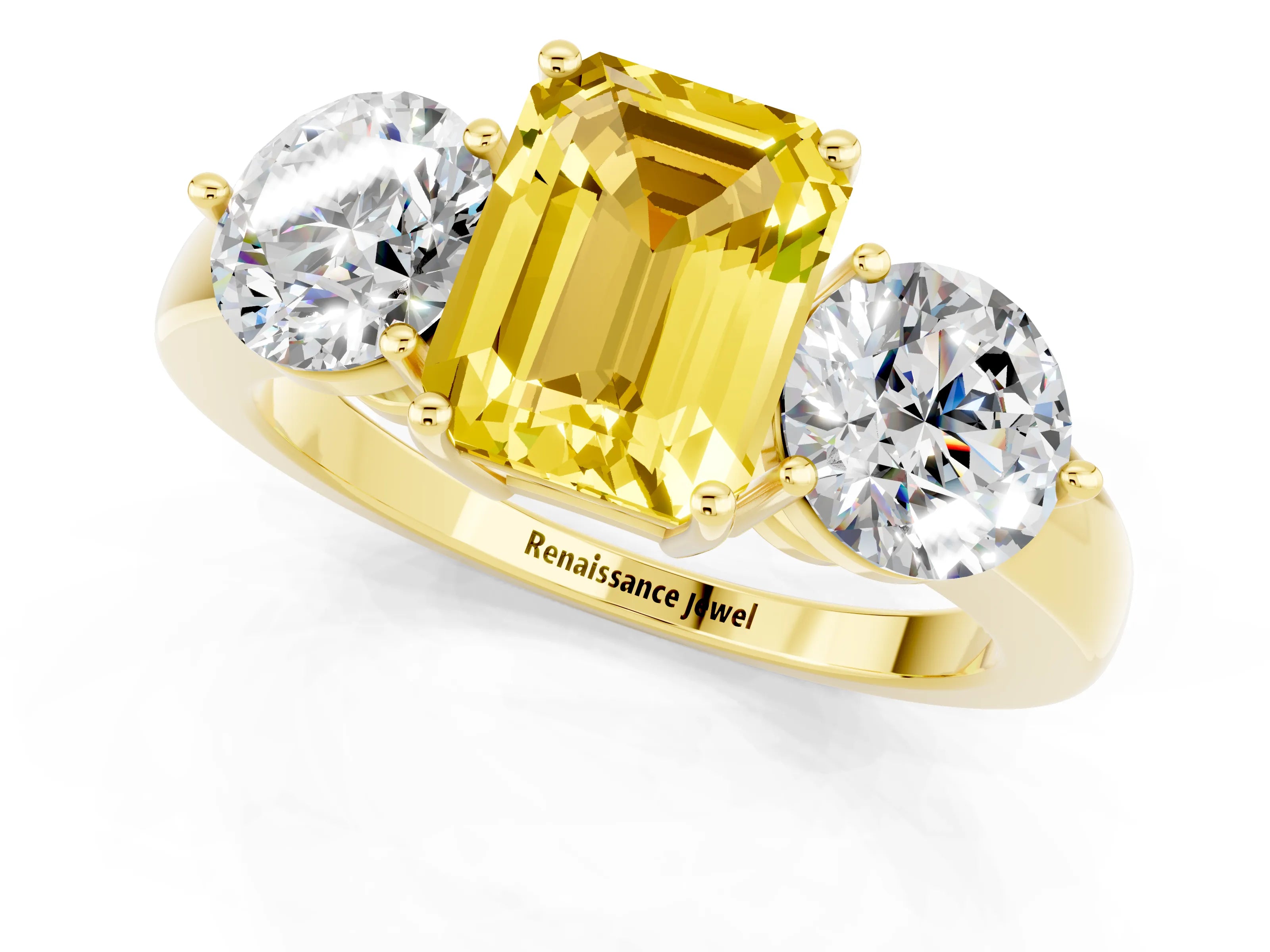 Yellow gold Emerald Cut Yellow Sapphire Three-Stone Ring with Prong Setting and Classic Band_1