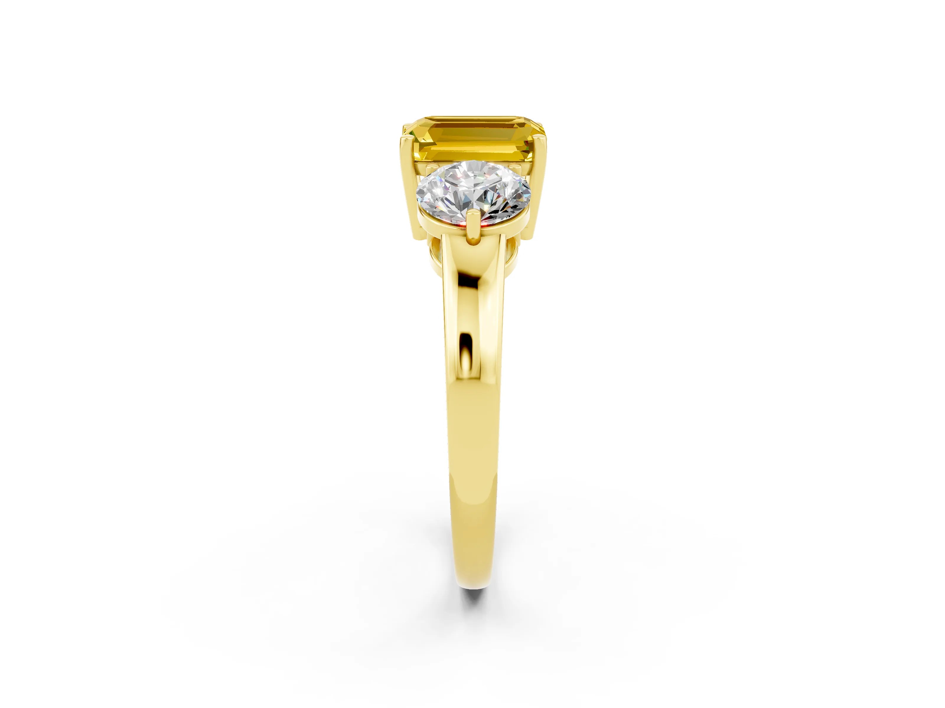 Yellow gold Emerald Cut Yellow Sapphire Three-Stone Ring with Prong Setting and Classic Band_2