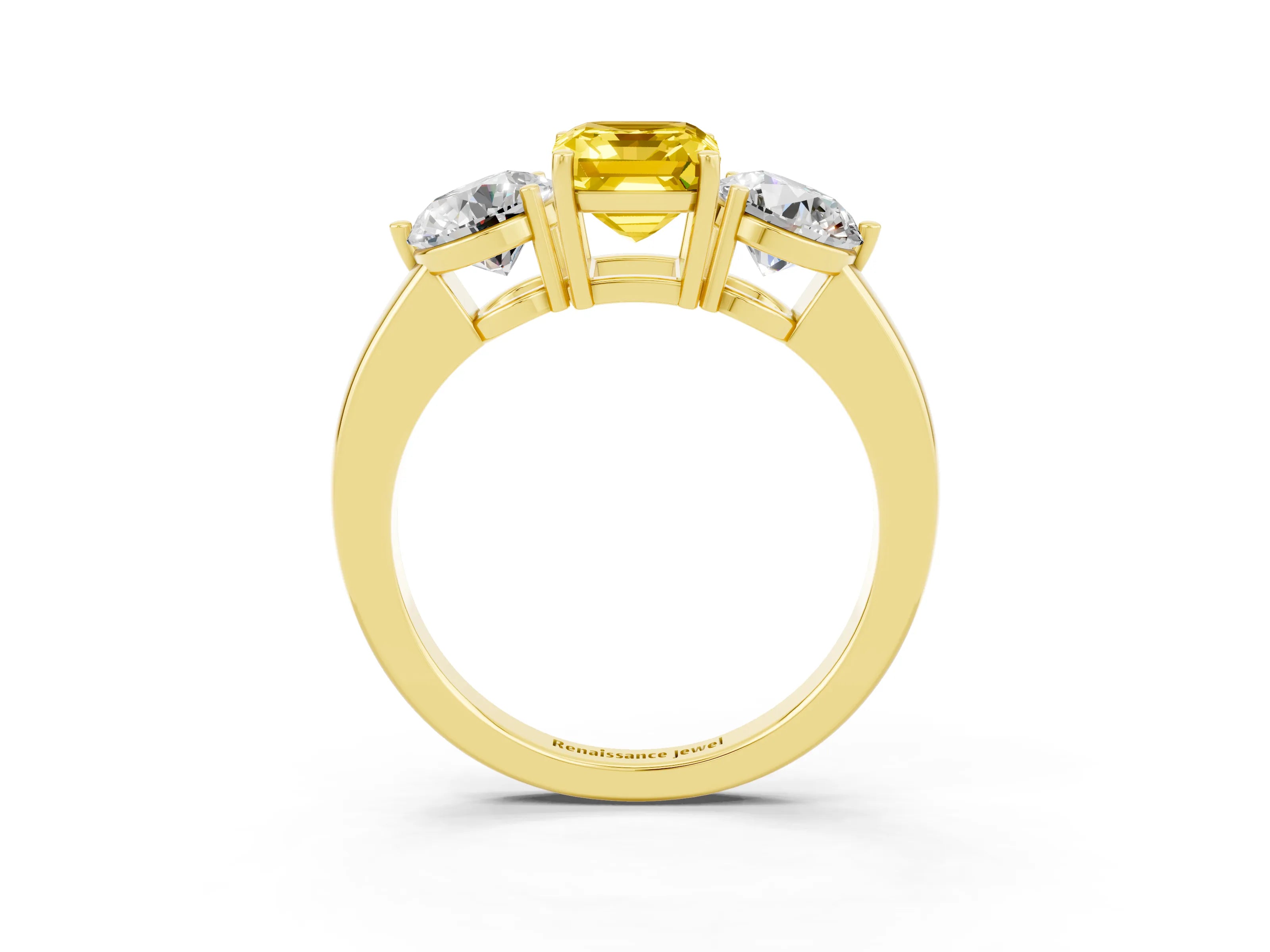 Yellow gold Emerald Cut Yellow Sapphire Three-Stone Ring with Prong Setting and Classic Band_3