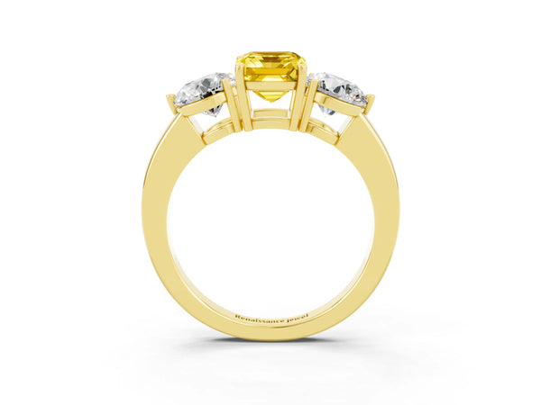 Yellow gold Emerald Cut Yellow Sapphire Three-Stone Ring with Prong Setting and Classic Band