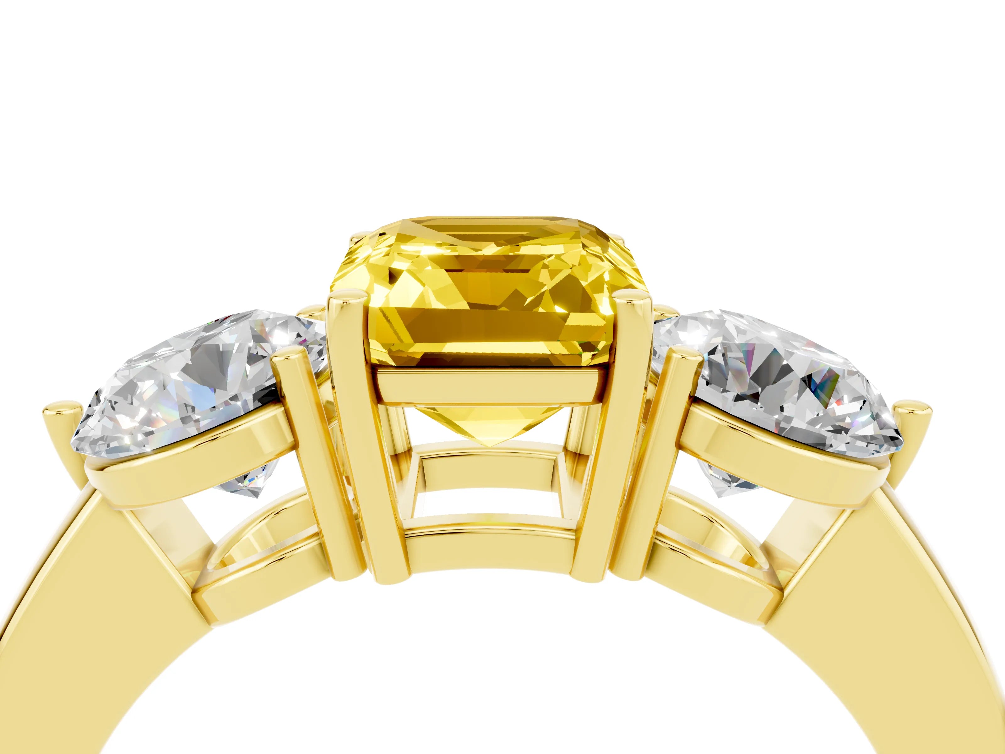 Yellow gold Emerald Cut Yellow Sapphire Three-Stone Ring with Prong Setting and Classic Band_4
