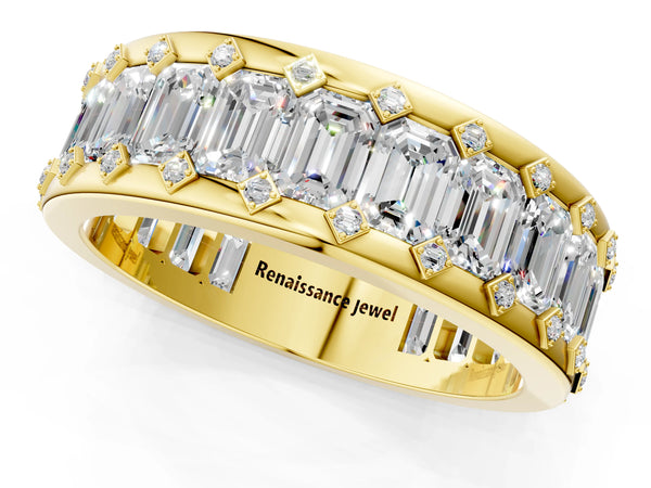 Yellow gold Emerald Cut and Round Diamond Eternity Mens Band