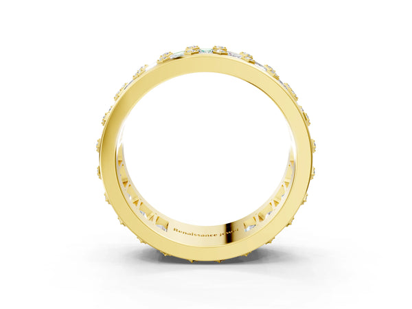 Yellow gold Emerald Cut and Round Diamond Eternity Mens Band