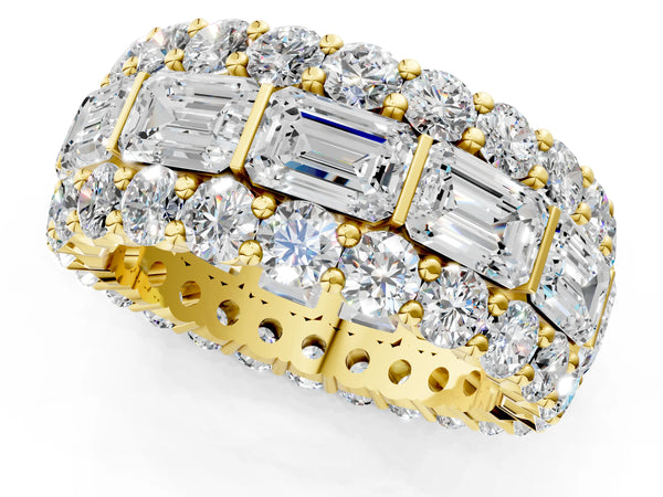 Yellow gold Emerald Cut and Round Diamond Three-Row Eternity Mens Band
