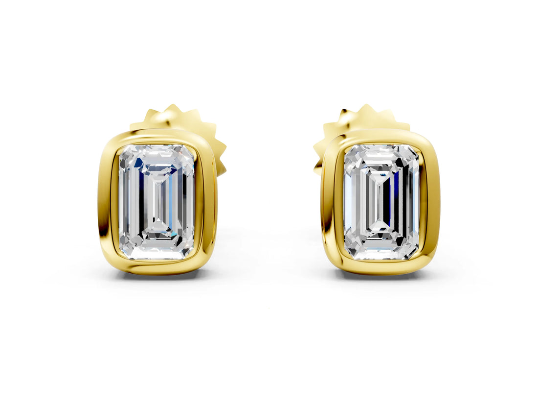 Yellow gold Emerald Diamond Bezel-Set Stud Earrings_6