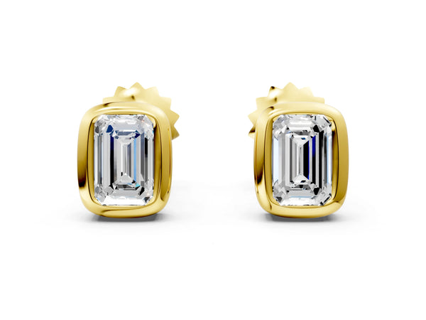 Yellow gold Emerald Diamond Bezel-Set Stud Earrings