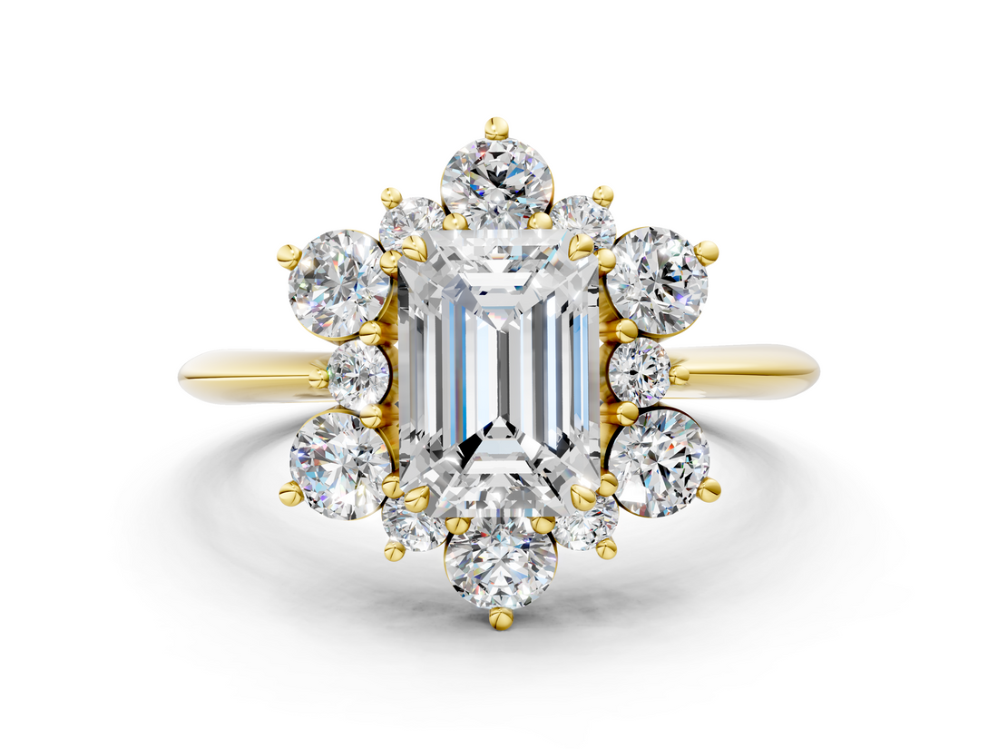 Yellow gold Emerald Diamond Cluster Halo Ring with Solitaire Band and Four-Prong Setting_20