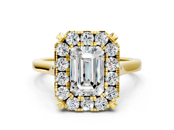 Yellow gold Emerald Diamond Cluster Halo Solitaire with Four-Prong Setting