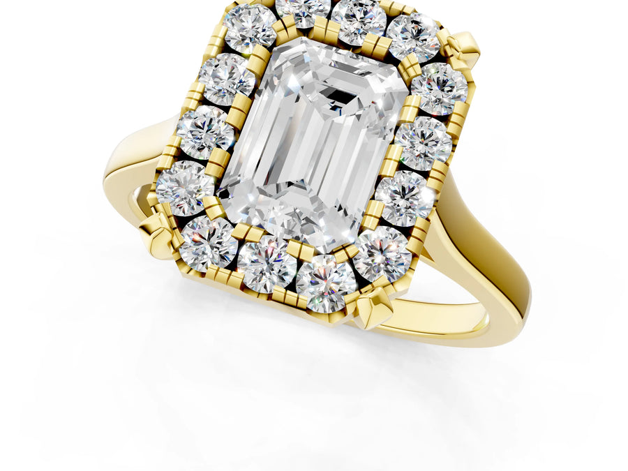 Yellow gold Emerald Diamond Cluster Halo Solitaire with Four-Prong Setting