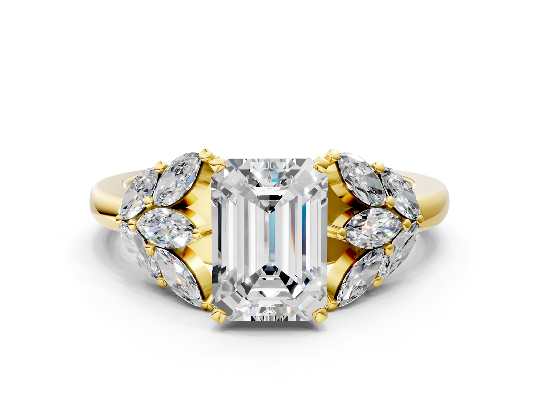 Yellow gold Emerald Diamond Cluster Leaf Design Ring with Prong Setting_68