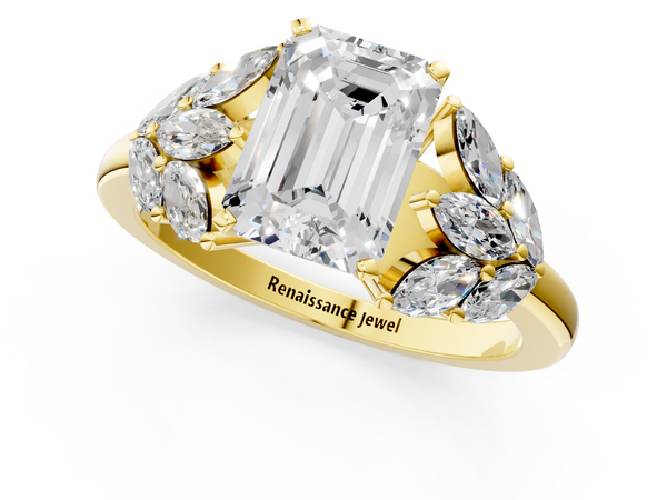Yellow Gold Emerald Cut Cluster Leaf Engagement Ring Setting with Marquise Accents