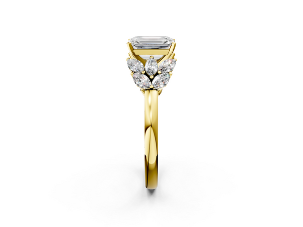 Yellow Gold Emerald Cut Cluster Leaf Engagement Ring Setting with Marquise Accents