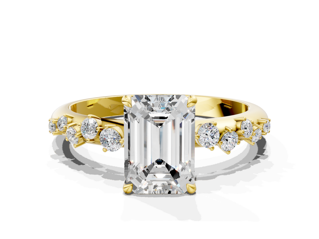 Yellow gold Emerald Diamond Cluster Prong-Set Solitaire Ring_48