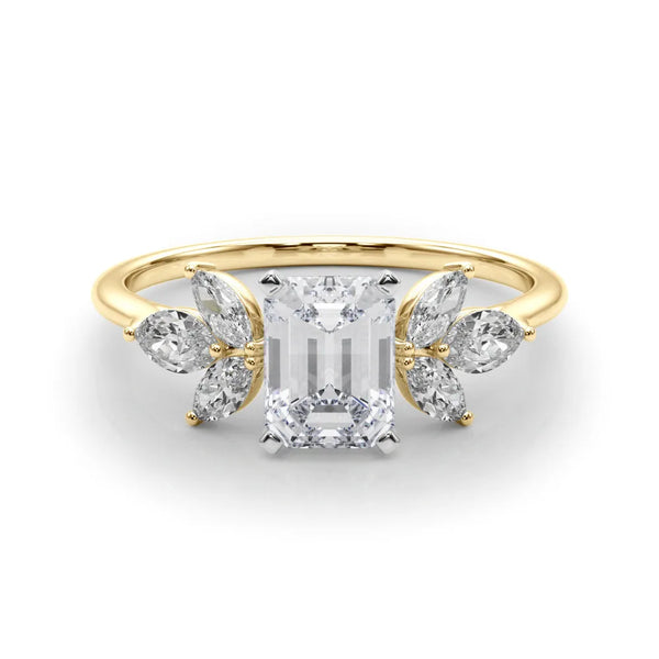 Yellow gold Emerald Diamond Floral Cluster Ring with Marquise Side Stones and Six-Prong Solitaire Setting