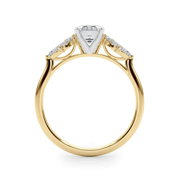 Yellow gold Emerald Diamond Floral Cluster Ring with Marquise Side Stones and Six-Prong Solitaire Setting