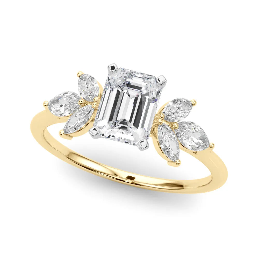 Yellow gold Emerald Diamond Floral Cluster Ring with Marquise Side Stones and Six-Prong Solitaire Setting