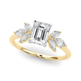 Yellow gold Emerald Diamond Floral Cluster Ring with Marquise Side Stones and Six-Prong Solitaire Setting