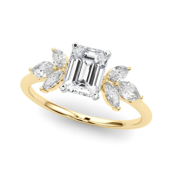 Yellow gold Emerald Diamond Floral Cluster Ring with Marquise Side Stones and Six-Prong Solitaire Setting