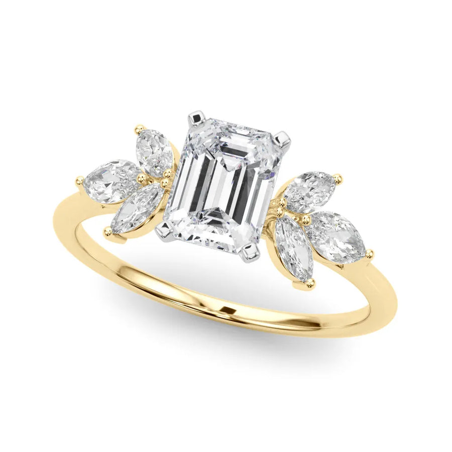 Yellow gold Emerald Diamond Floral Cluster Ring with Marquise Side Stones and Six-Prong Solitaire Setting