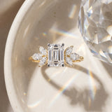 Yellow gold Emerald Diamond Floral Cluster Ring with Marquise Side Stones and Six-Prong Solitaire Setting_10