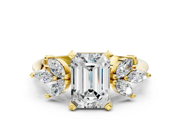 Yellow gold Emerald Diamond Floral Cluster Ring with Marquise Side Stones and Six-Prong Solitaire Setting