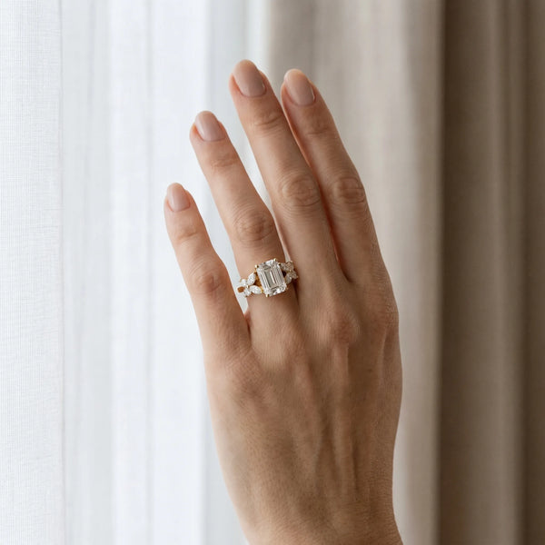 Yellow gold Emerald Diamond Floral Cluster Ring with Solitaire Band and Prong Setting