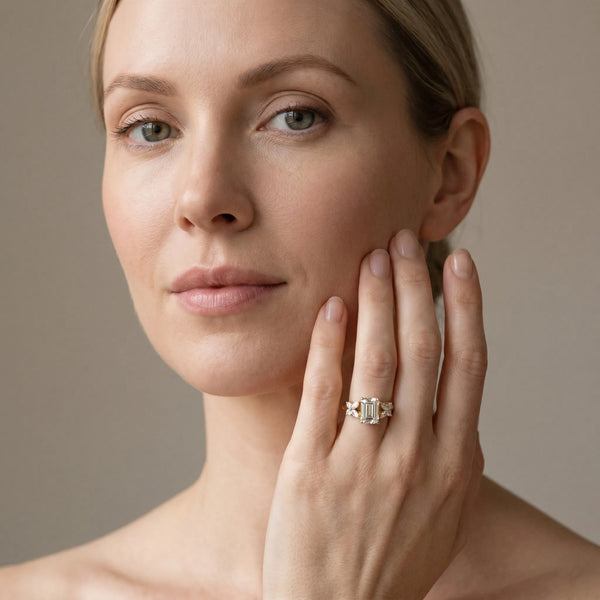 Yellow gold Emerald Diamond Floral Cluster Ring with Solitaire Band and Prong Setting