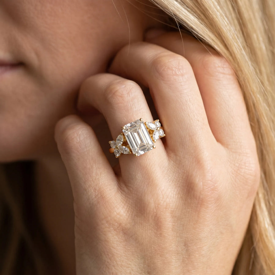 Yellow gold Emerald Diamond Floral Cluster Ring with Solitaire Band and Prong Setting