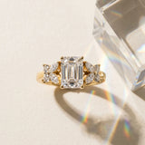 Yellow gold Emerald Diamond Floral Cluster Ring with Solitaire Band and Prong Setting_15