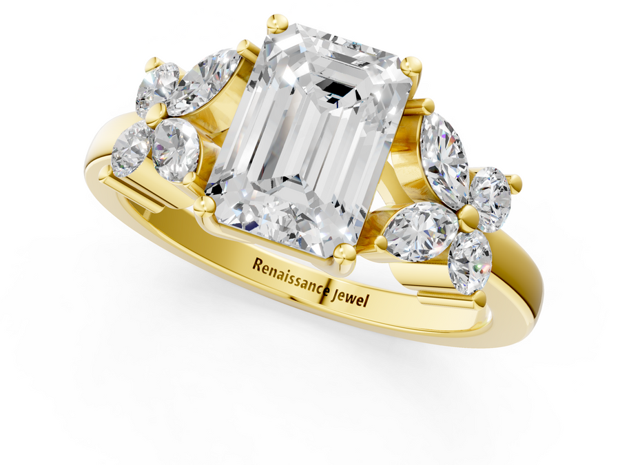 Yellow gold Emerald Diamond Floral Cluster Ring with Solitaire Band and Prong Setting