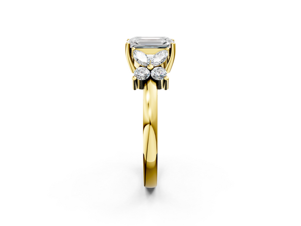 Yellow gold Emerald Diamond Floral Cluster Ring with Solitaire Band and Prong Setting