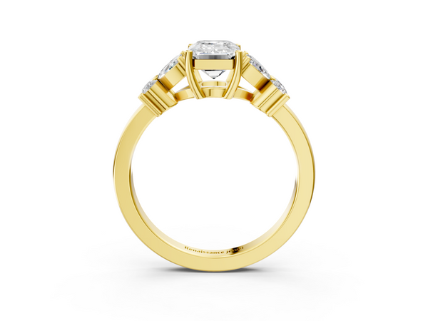 Yellow gold Emerald Diamond Floral Cluster Ring with Solitaire Band and Prong Setting