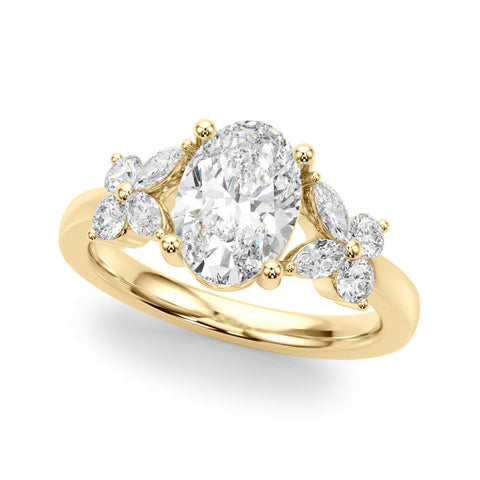 Yellow gold Emerald Diamond Floral Cluster Ring with Solitaire Band and Prong Setting