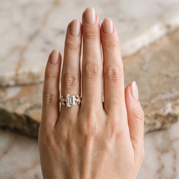 Yellow gold Emerald Diamond Floral Vine Solitaire Engagement Ring