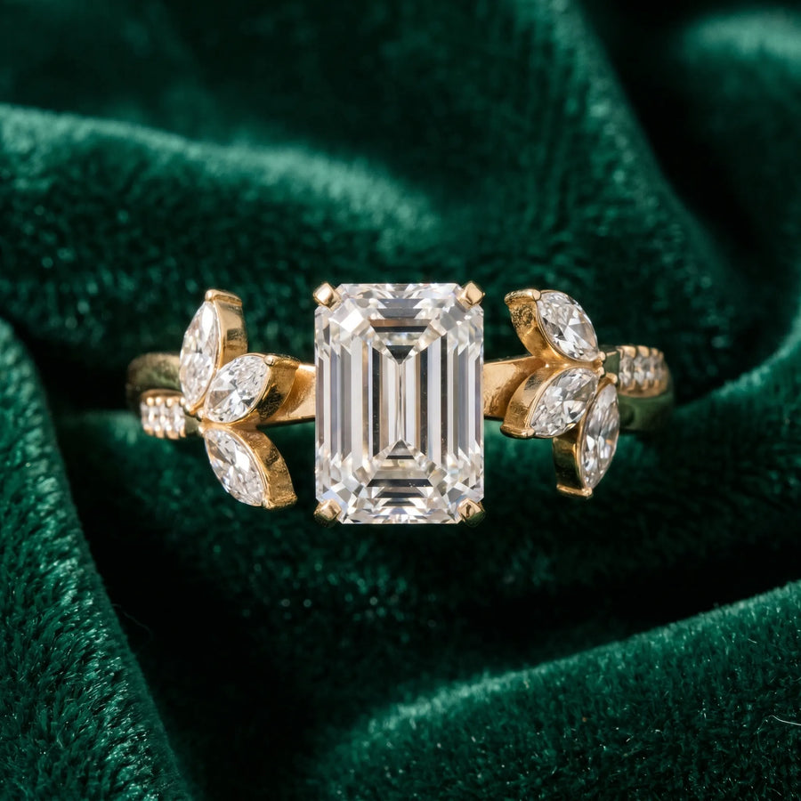 Yellow gold Emerald Diamond Floral Vine Solitaire Engagement Ring