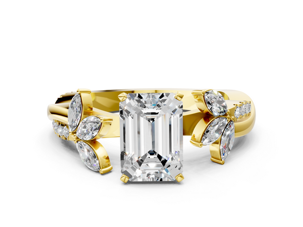 Yellow gold Emerald Diamond Floral Vine Solitaire Engagement Ring
