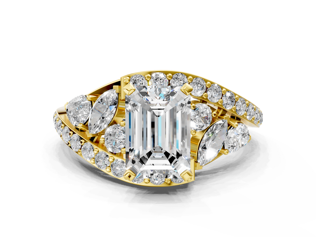 Yellow gold Emerald Diamond Halo Ring with Marquise and Pavé Band in Prong Setting_91