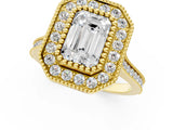 Yellow gold Emerald Diamond Halo Ring with Milgrain Frame and Pavé Band 1