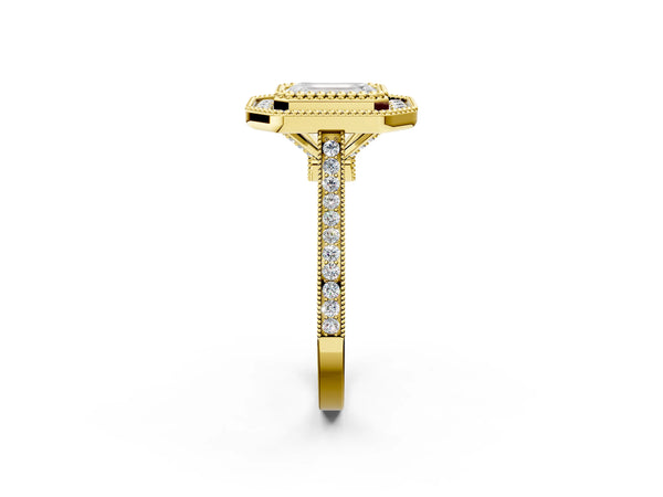 Yellow gold Emerald Diamond Halo Ring with Milgrain Frame and Pavé Band