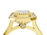 Yellow gold Emerald Diamond Halo Ring with Milgrain Frame and Pavé Band 4