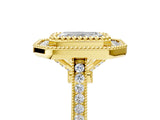 Yellow gold Emerald Diamond Halo Ring with Milgrain Frame and Pavé Band 5