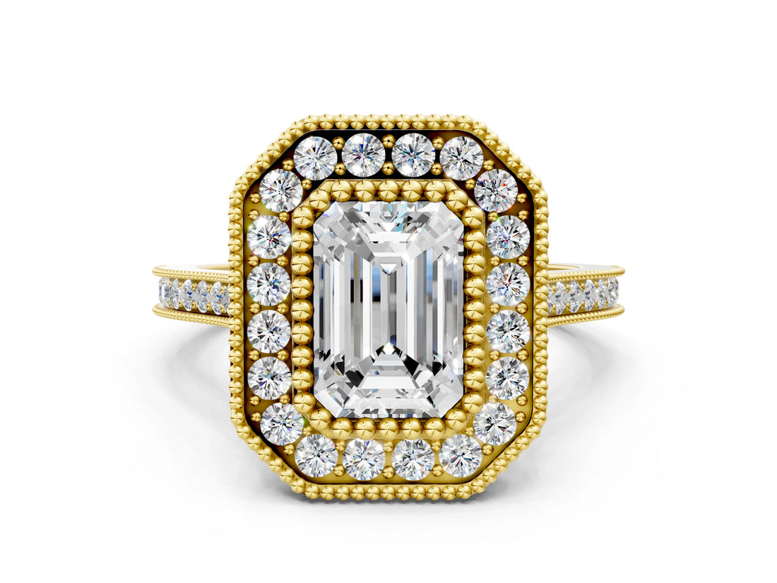 Yellow gold Emerald Diamond Halo Ring with Milgrain Frame and Pavé Band