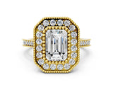 Yellow gold Emerald Diamond Halo Ring with Milgrain Frame and Pavé Band