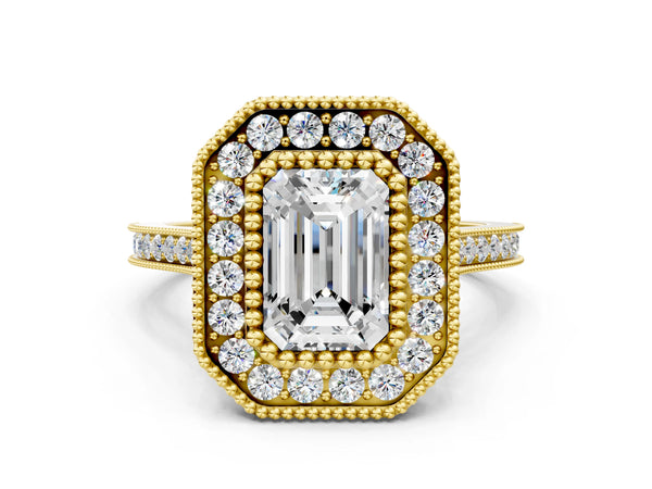 Yellow gold Emerald Diamond Halo Ring with Milgrain Frame and Pavé Band