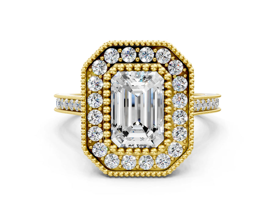 Yellow gold Emerald Diamond Halo Ring with Milgrain Frame and Pavé Band
