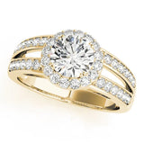 Yellow gold Emerald Diamond Halo Ring with Split Shank Pavé Band and Four-Prong Setting