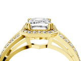 Yellow gold Emerald Diamond Halo Ring with Split Shank Pavé Band and Four-Prong Setting_10