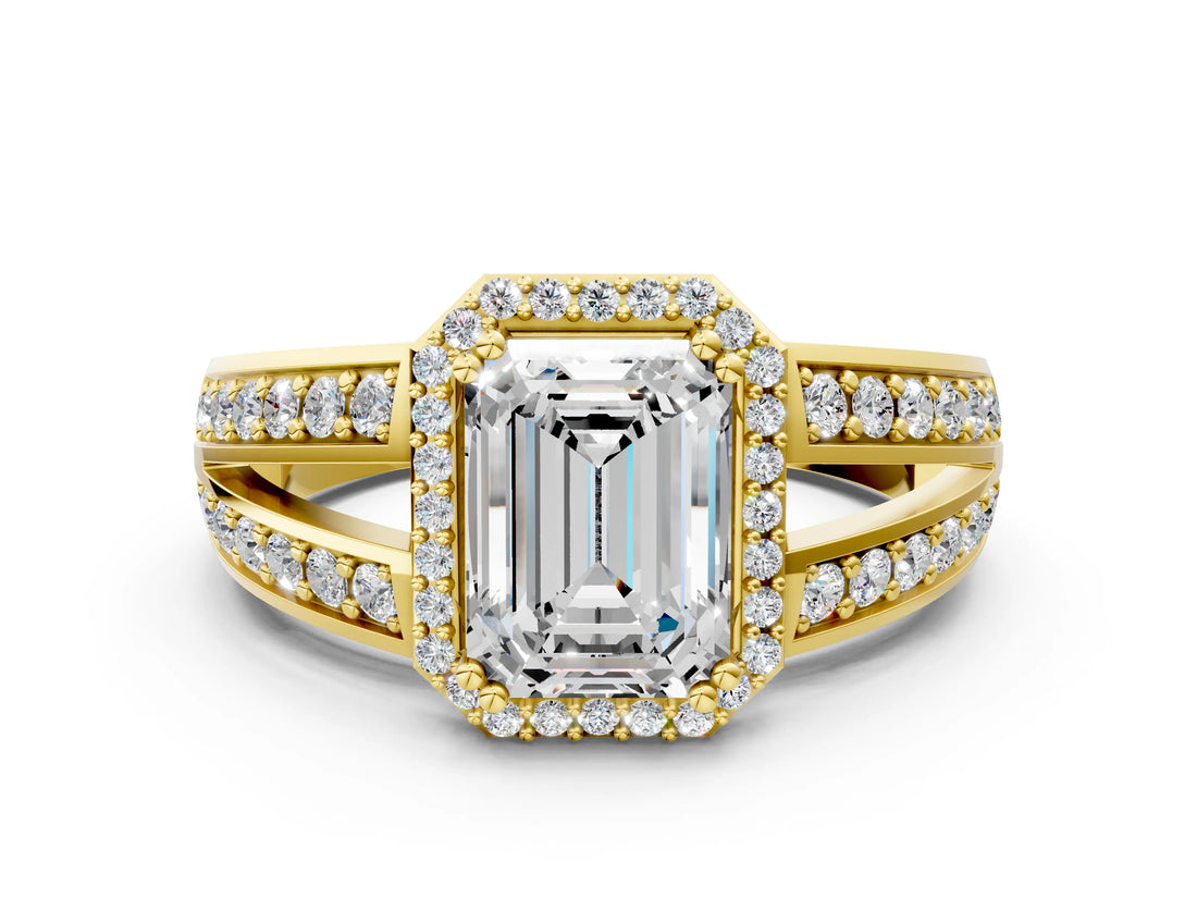 Yellow gold Emerald Diamond Halo Ring with Split Shank Pavé Band and Four-Prong Setting_6