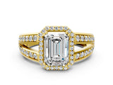 Yellow gold Emerald Diamond Halo Ring with Split Shank Pavé Band and Four-Prong Setting_6
