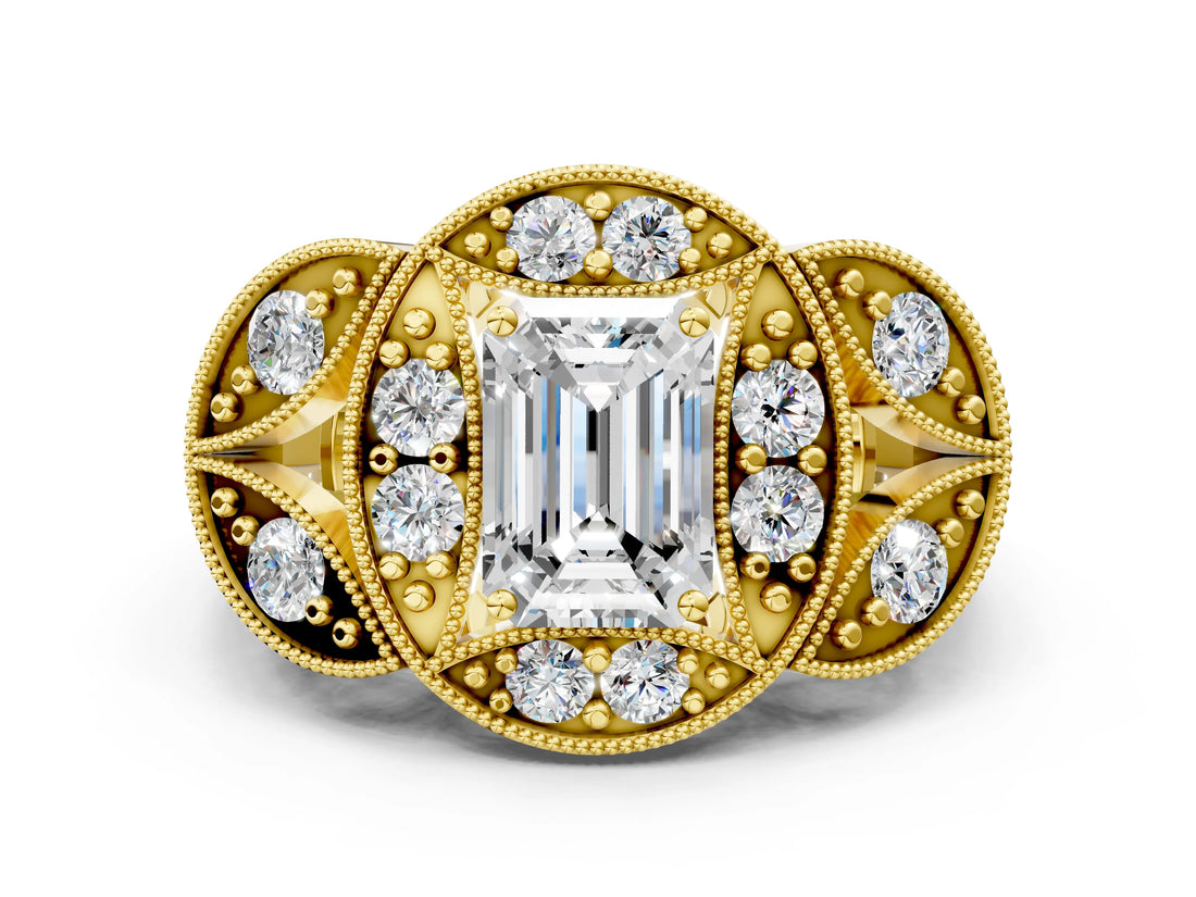 Yellow gold Emerald Diamond Milgrain Marquise Filigree Engagement Ring with Prong Setting_6